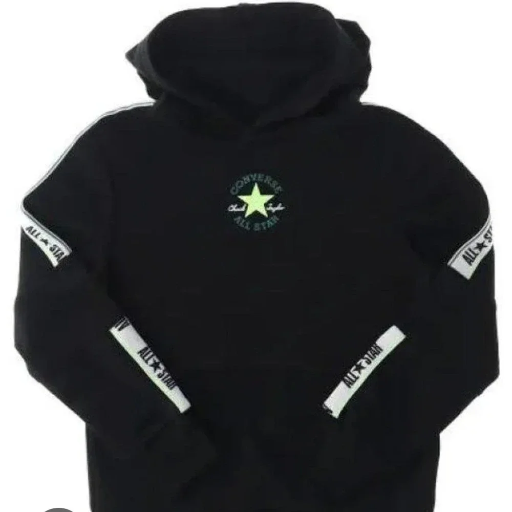 Converse All Star Kids Black Pullover Hoodie Chuck Taylor Logo Tape Size M 10-12